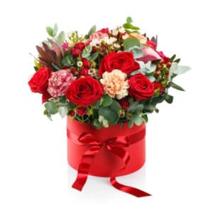 Mixed Red Rose Hatbox of Flowers